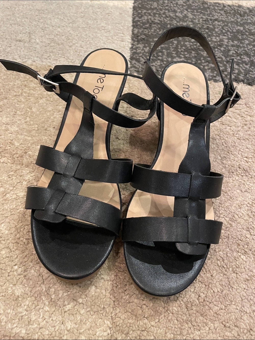me too Black Strappy Woven Ankle‑Buckle Sandals 10W